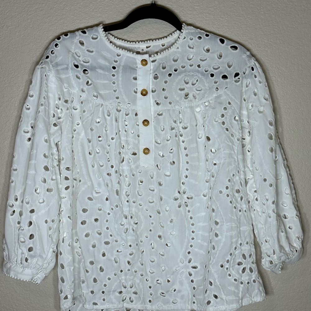 Boho Elegant Classic White Sheer Eyelet Top from SHEIN S Feminine Oversized - Picture 1 of 7